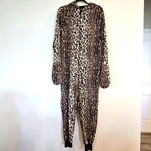 Nick & Nora Women M Cat Leopard One‎ Piece Hooded Paws Pajamas Sleepwear.D189
